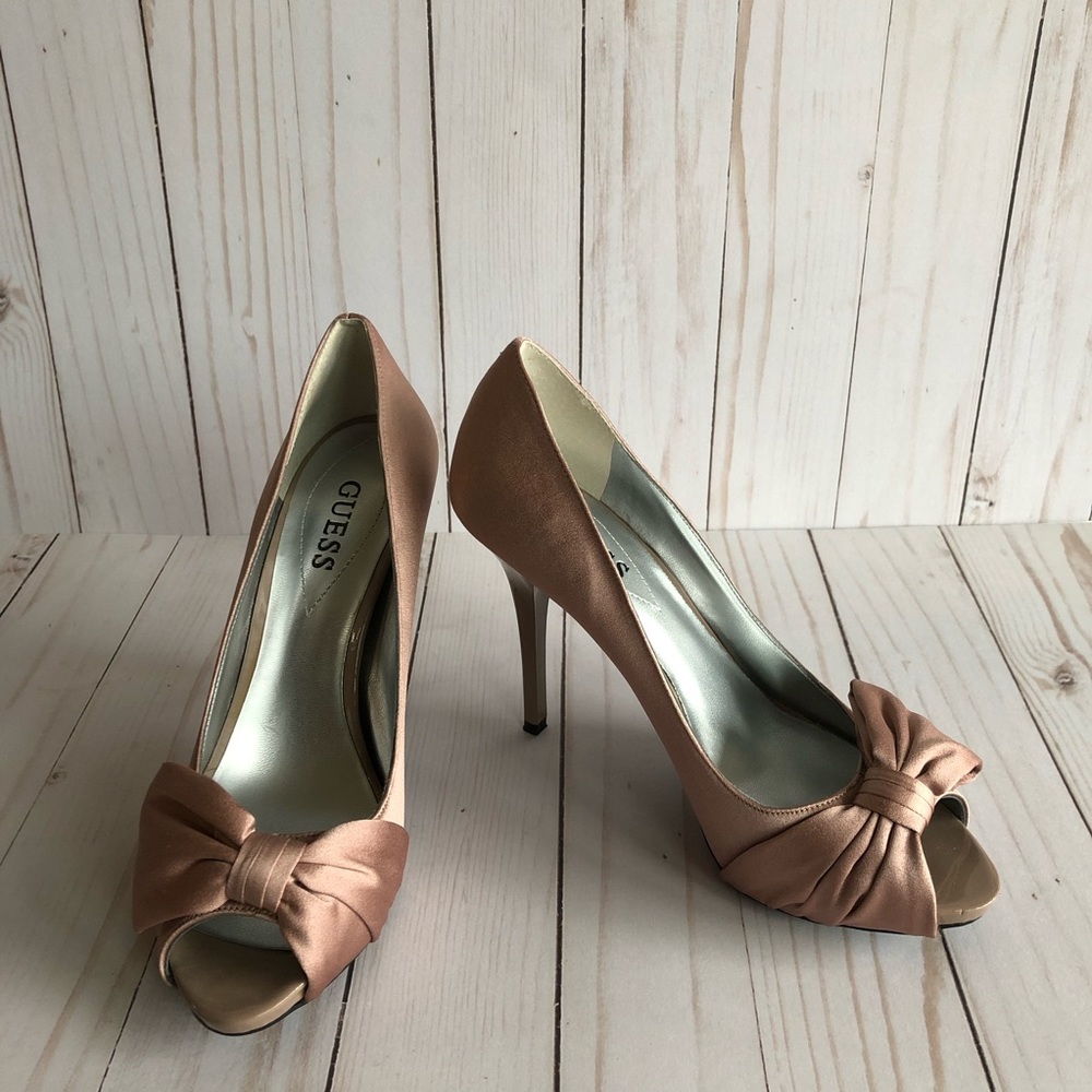 Guess Blush Dusty Pink Bow Satin Open Toe Heels